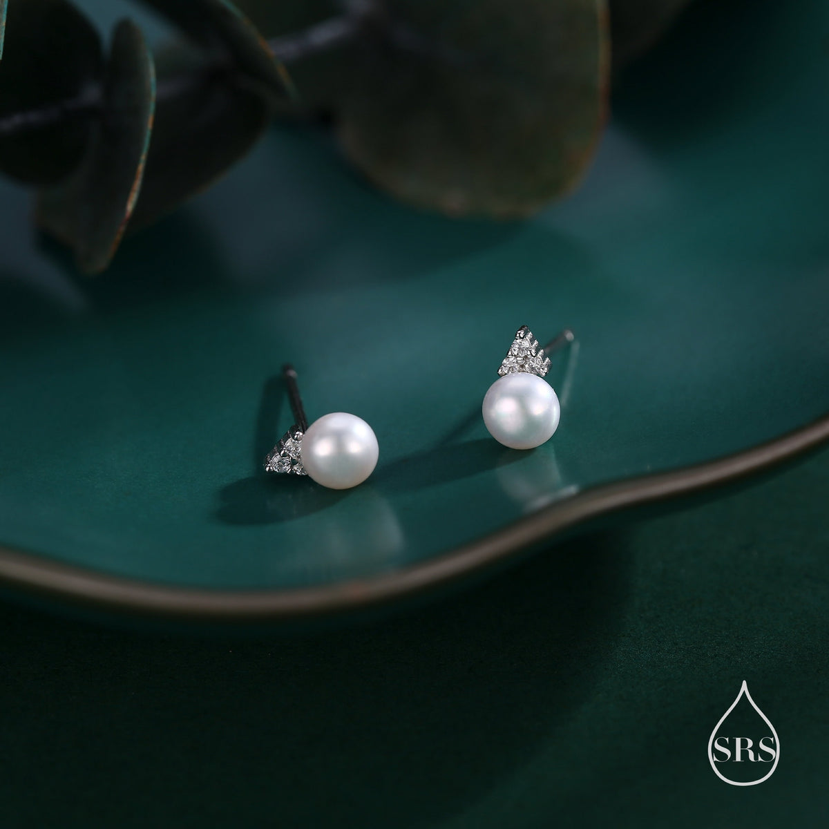 Genuine Freshwater Pearl CZ Trio Stud Earrings in Sterling Silver, Delicate Tiny Pearl and CZ Earrings, Trinity Pearl, Genuine Pearls.