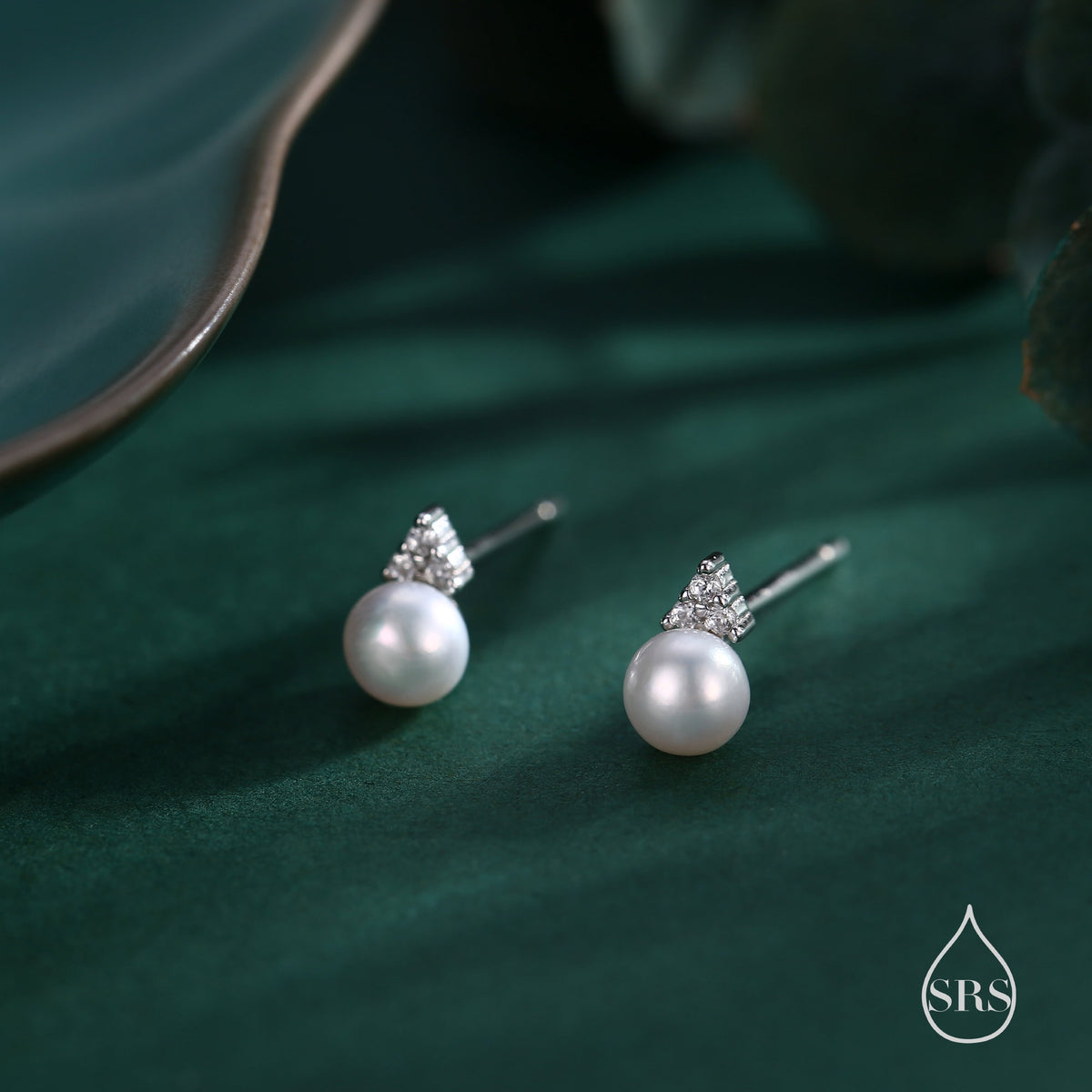 Genuine Freshwater Pearl CZ Trio Stud Earrings in Sterling Silver, Delicate Tiny Pearl and CZ Earrings, Trinity Pearl, Genuine Pearls.