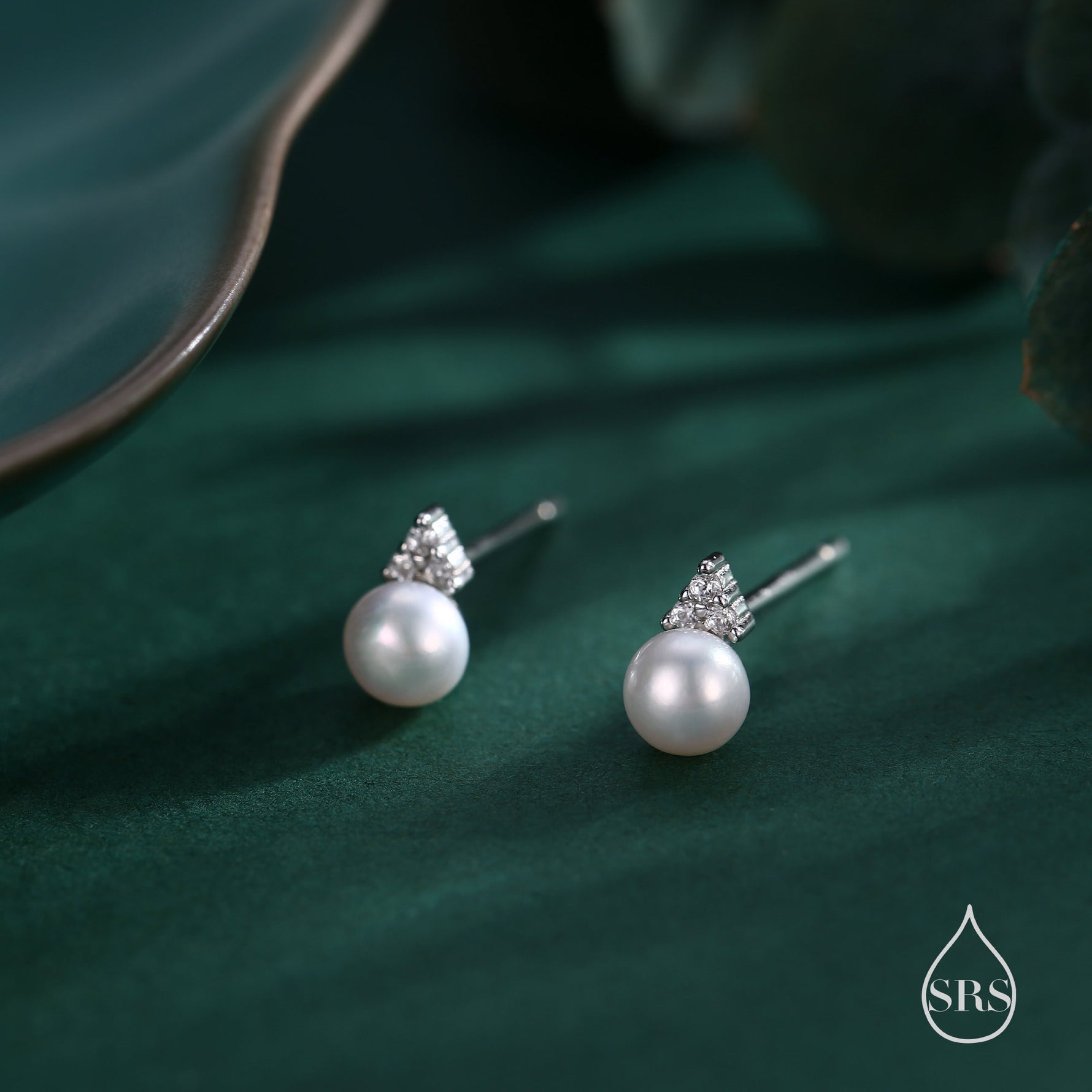 Genuine Freshwater Pearl CZ Trio Stud Earrings in Sterling Silver, Delicate Tiny Pearl and CZ Earrings, Trinity Pearl, Genuine Pearls.