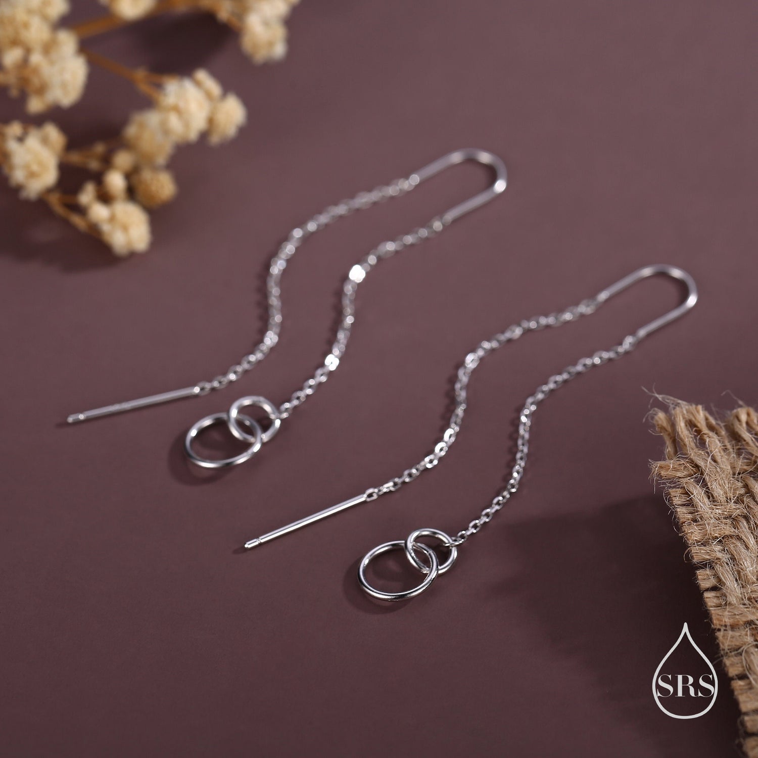 Double Circle Threader Earrings in Sterling Silver, Interlink Circle Ear Threaders, Silver, Gold or Rose Gold, Long Threaders U Threaders
