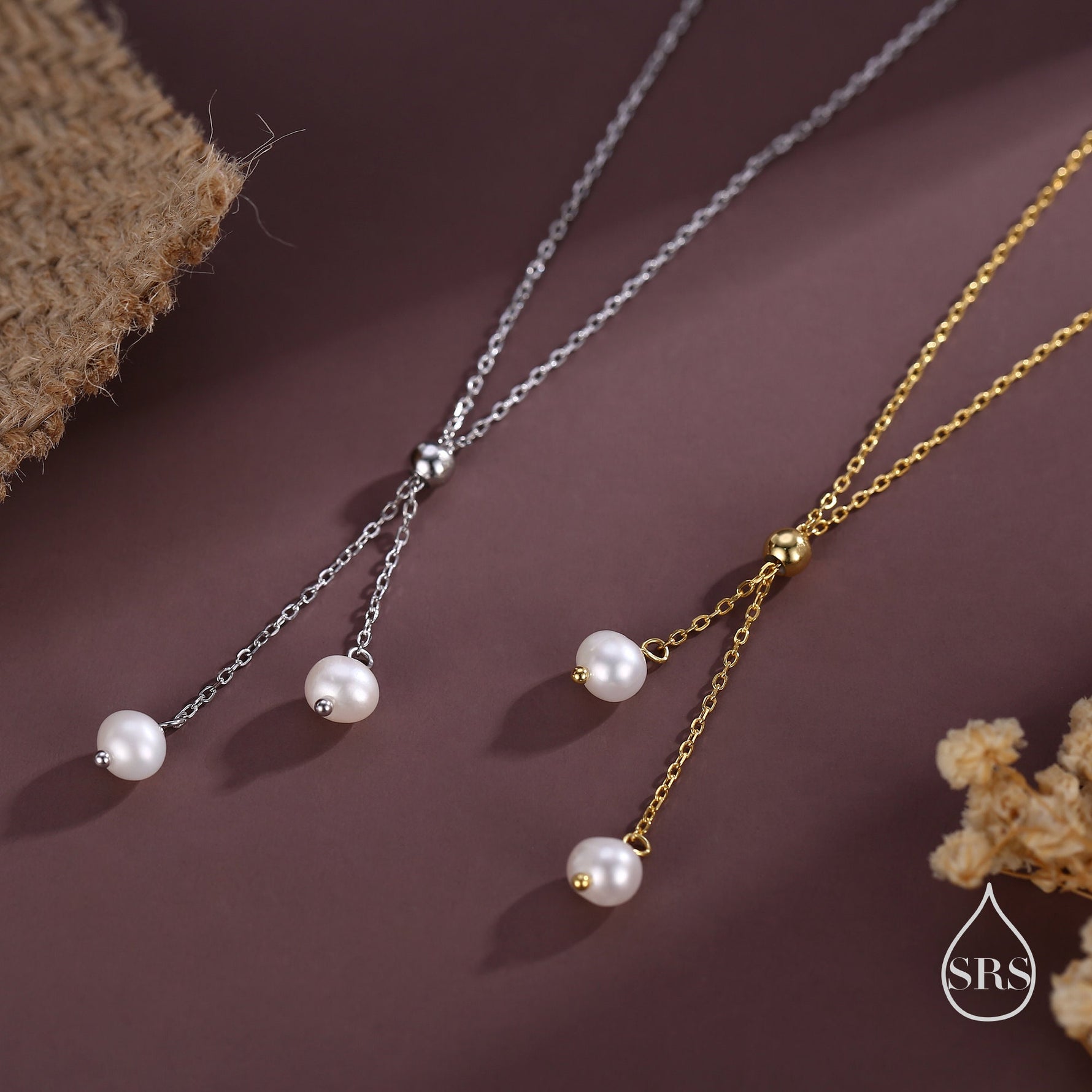 Genuine Pearl Lariat Necklace in Sterling Silver, Silver or Gold , Y Shape, Slider Necklace, Genuine Freshwater Pearls, Pearl Necklace