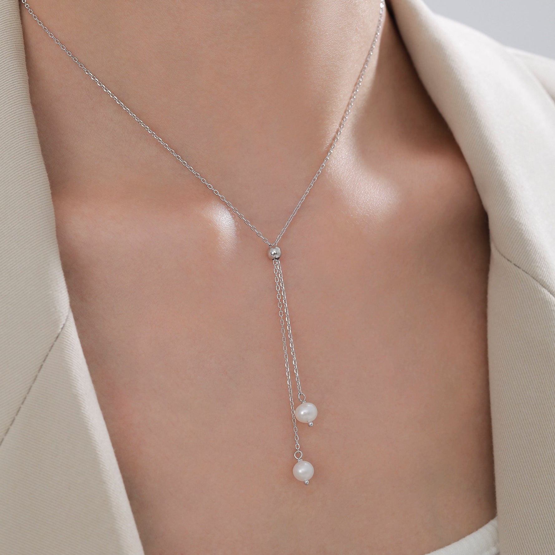 Genuine Pearl Lariat Necklace in Sterling Silver, Silver or Gold , Y Shape, Slider Necklace, Genuine Freshwater Pearls, Pearl Necklace