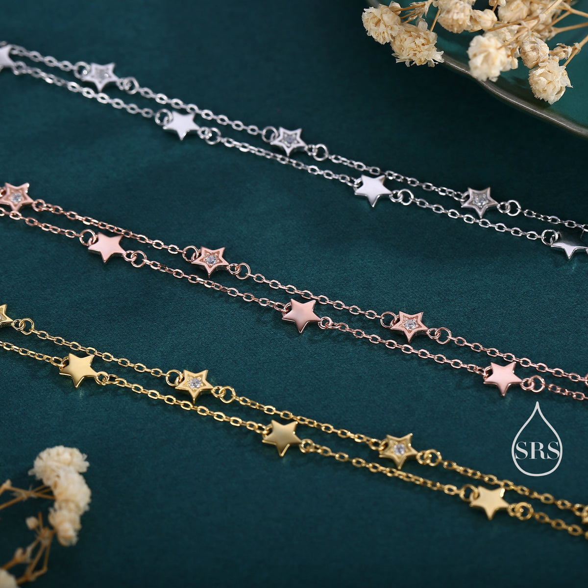 Double Layer Star Bracelet in Sterling Silver, Silver or Gold or Rose Gold, Floating Star Bracelet, Silver Star Bracelet, Tiny Star Bracelet