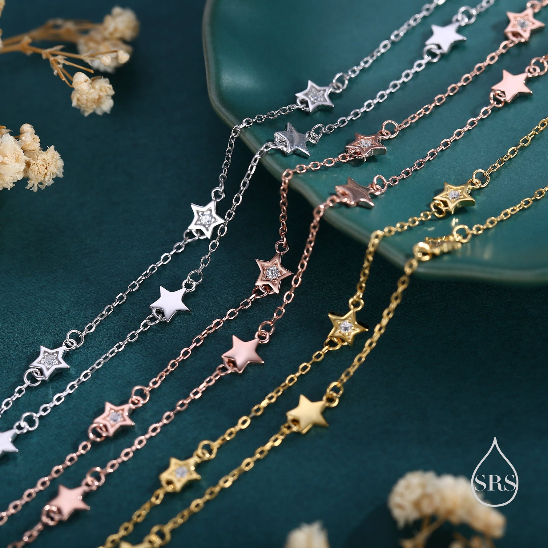 Double Layer Star Bracelet in Sterling Silver, Silver or Gold or Rose Gold, Floating Star Bracelet, Silver Star Bracelet, Tiny Star Bracelet