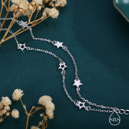 Double Layer CZ Star Bracelet in Sterling Silver, Silver or Gold or Rose Gold, Floating Star Bracelet, Silver Star Bracelet