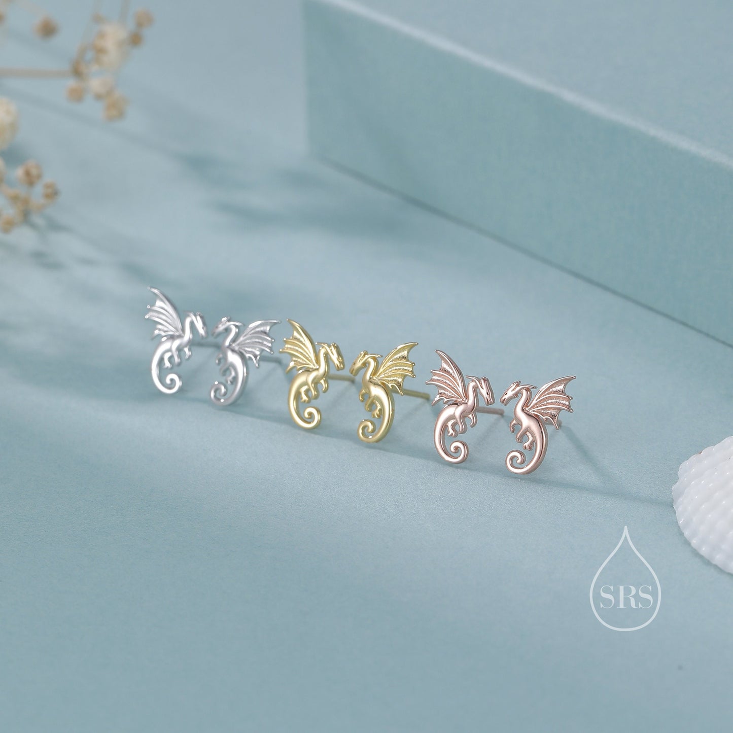 Extra Small Dragon Stud Earrings in Sterling Silver, Silver or Gold or Rose Gold, Sterling Silver Dragon Earrings, Small Dragon Stud