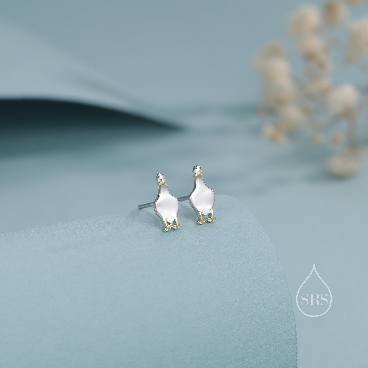 Silly Duck Stud Earrings in Sterling Silver, Extra Tiny, Two Tone Duck Earrings, Cute Duck Earrings