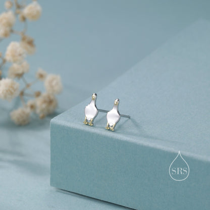 Silly Duck Stud Earrings in Sterling Silver, Extra Tiny, Two Tone Duck Earrings, Cute Duck Earrings