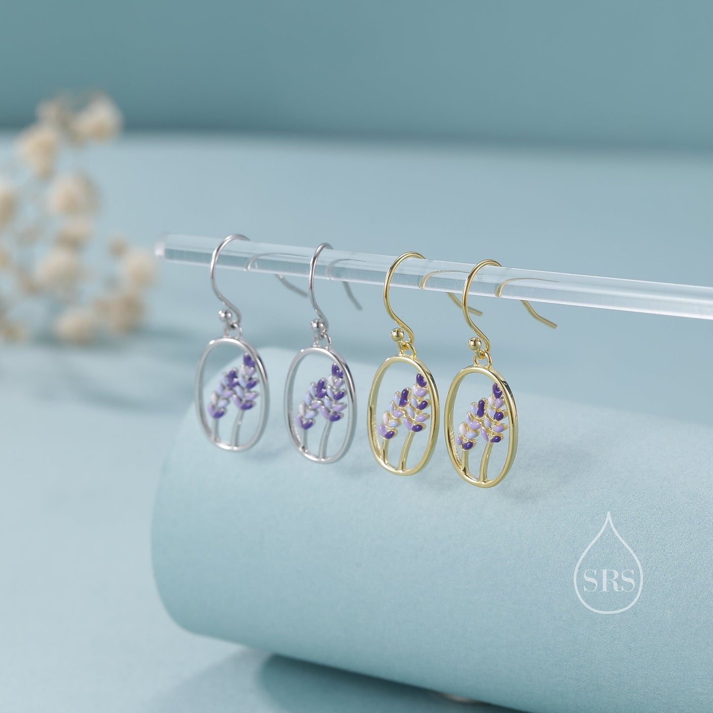 Sterling Silver Lavender Drop Hook Earrings, Handpainted Enamel Lavender Earrings, Silver or Gold, Purple Lavender Earrings