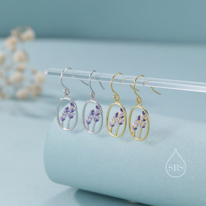 Sterling Silver Lavender Drop Hook Earrings, Handpainted Enamel Lavender Earrings, Silver or Gold, Purple Lavender Earrings