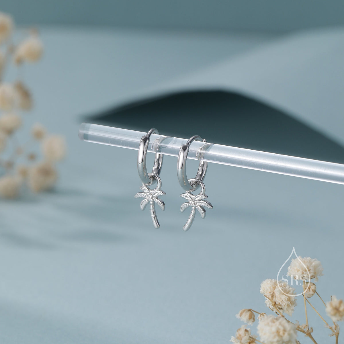 Sterling Silver Palm Tree Huggie Hoops, Silver or Gold or Rose Gold, Detachable Palm Tree Hoop Earrings, Coconut Tree Charm Dangle Earrings,