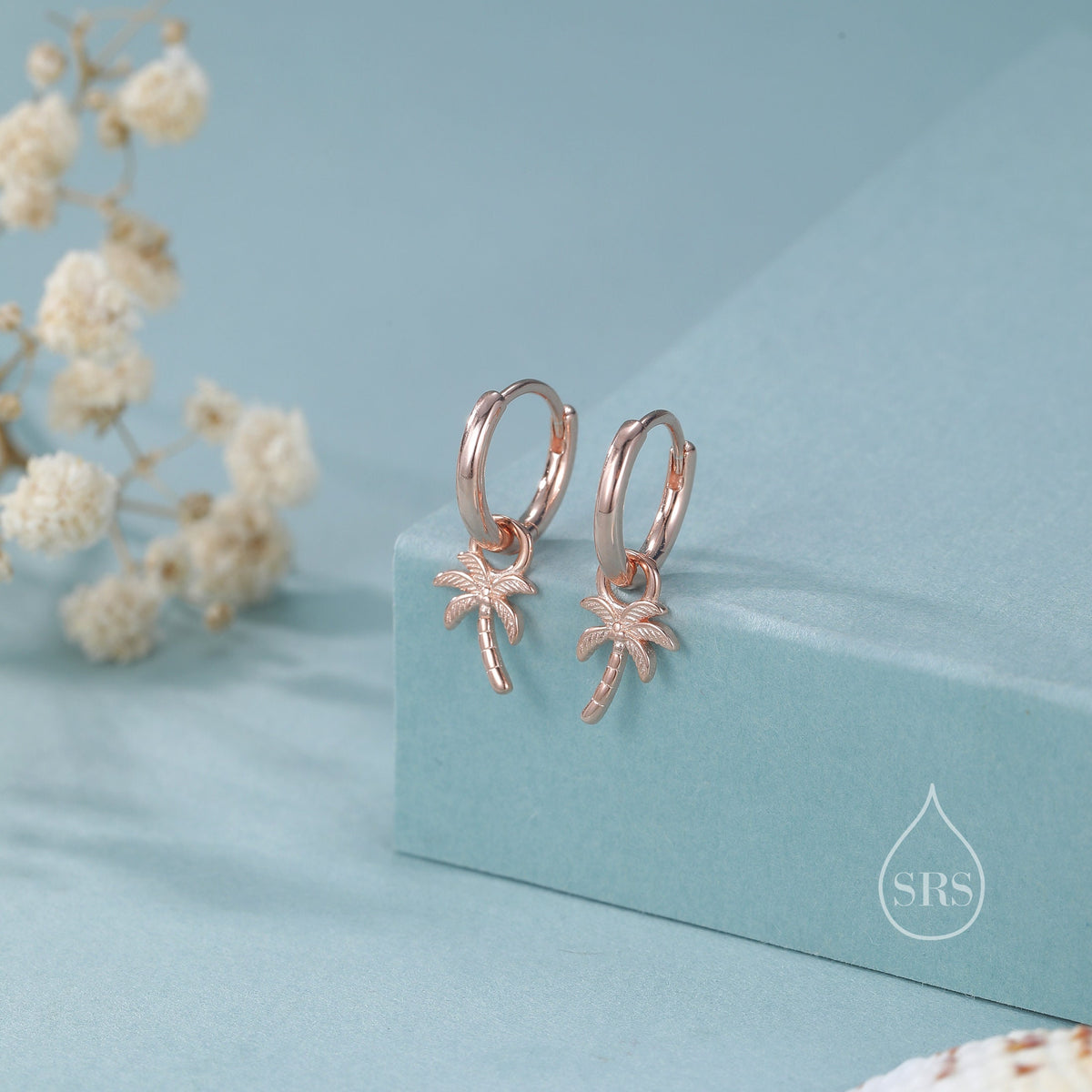 Sterling Silver Palm Tree Huggie Hoops, Silver or Gold or Rose Gold, Detachable Palm Tree Hoop Earrings, Coconut Tree Charm Dangle Earrings,