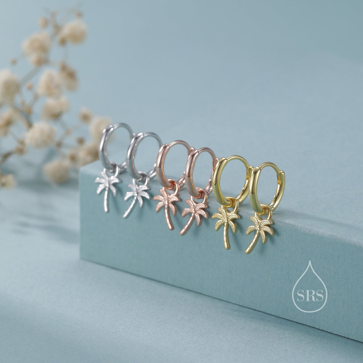 Sterling Silver Palm Tree Huggie Hoops, Silver or Gold or Rose Gold, Detachable Palm Tree Hoop Earrings, Coconut Tree Charm Dangle Earrings,