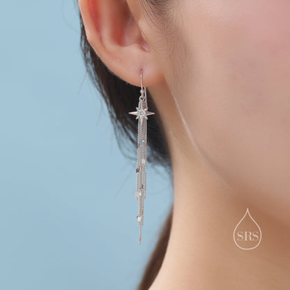 Starburst Dangle Drop Hook Earrings in Sterling Silver with Sparkle Tassels, Silver or Gold or Rose Gold, Tiny North Star Dangle Earrings