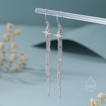 Starburst Dangle Drop Hook Earrings in Sterling Silver with Sparkle Tassels, Silver or Gold or Rose Gold, Tiny North Star Dangle Earrings