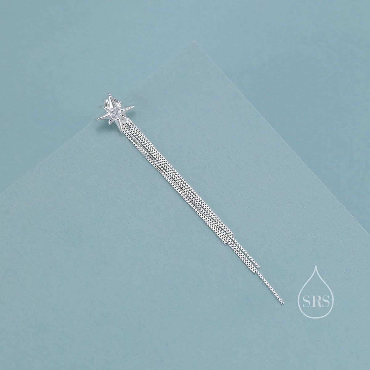 Starburst Dangle Drop Stud Earrings in Sterling Silver with Sparkle Tassels, Silver or Gold or Rose Gold, Tiny North Star Dangle Earrings