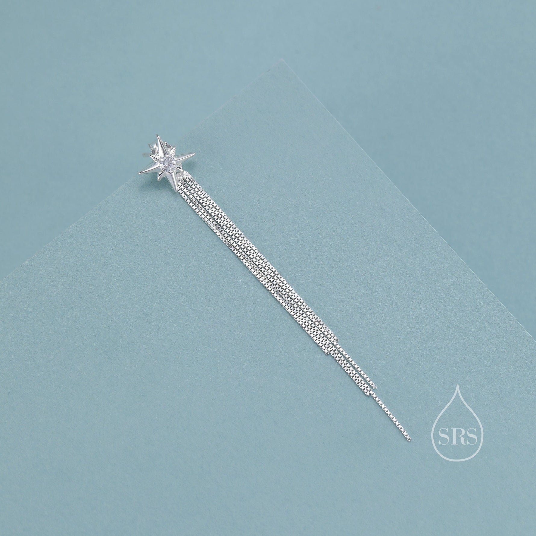 Starburst Dangle Drop Stud Earrings in Sterling Silver with Sparkle Tassels, Silver or Gold or Rose Gold, Tiny North Star Dangle Earrings