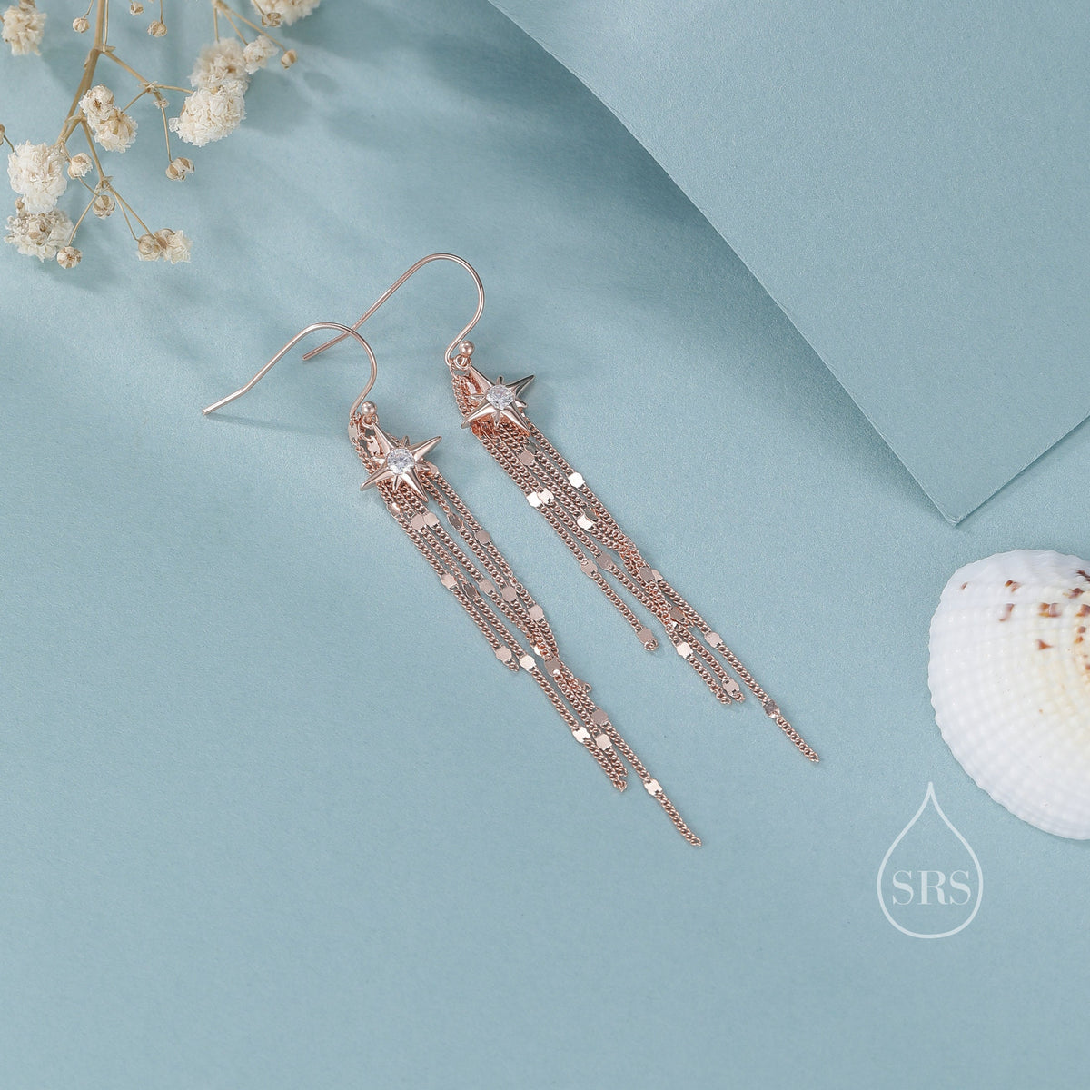 Starburst Dangle Drop Stud Earrings in Sterling Silver with Sparkle Tassels, Silver or Gold or Rose Gold, Tiny North Star Dangle Earrings