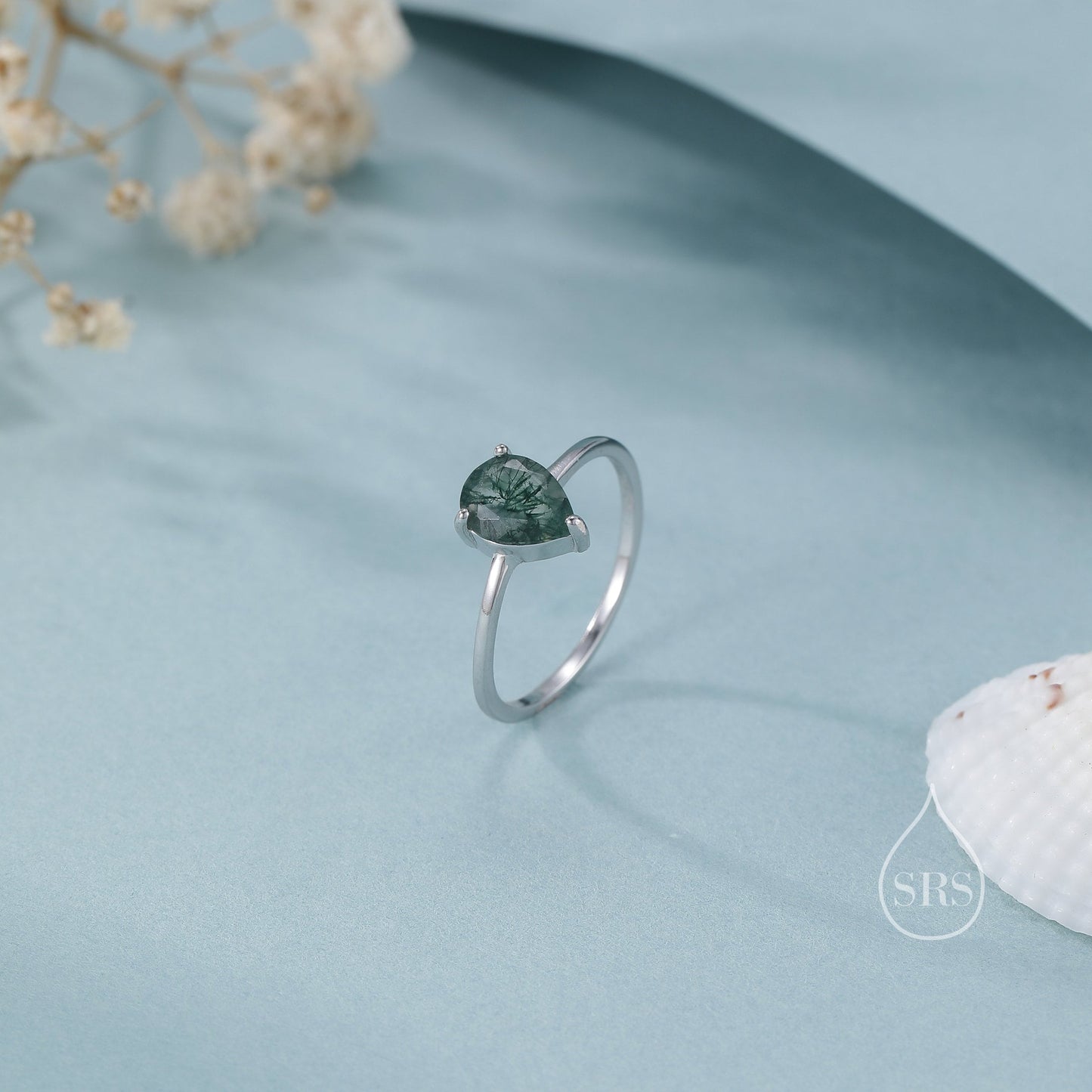 1 Carat Pear Cut Moss Agate Classic Single Stone Engagement Ring in Sterling Silver, Droplet Moss Agate Ring, US 5-8