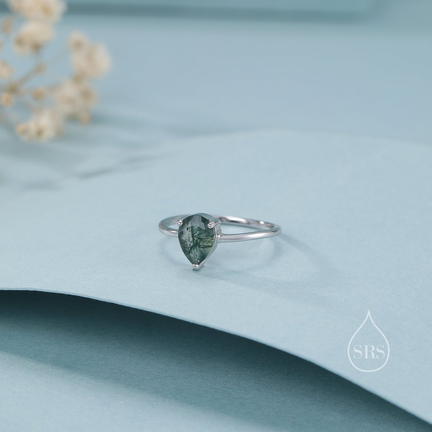 1 Carat Pear Cut Moss Agate Classic Single Stone Engagement Ring in Sterling Silver, Droplet Moss Agate Ring, US 5-8