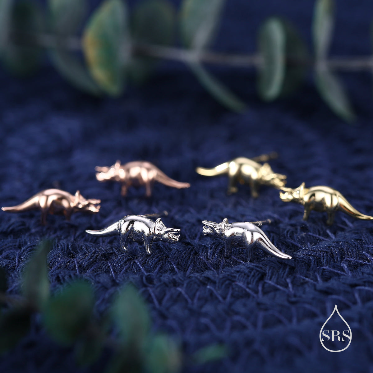 Triceratops Dinosaur Fossil Stud Earrings in Sterling Silver, Silver, Gold or Rose Gold, Quirky Dino Stud, Tiny Dino Stud