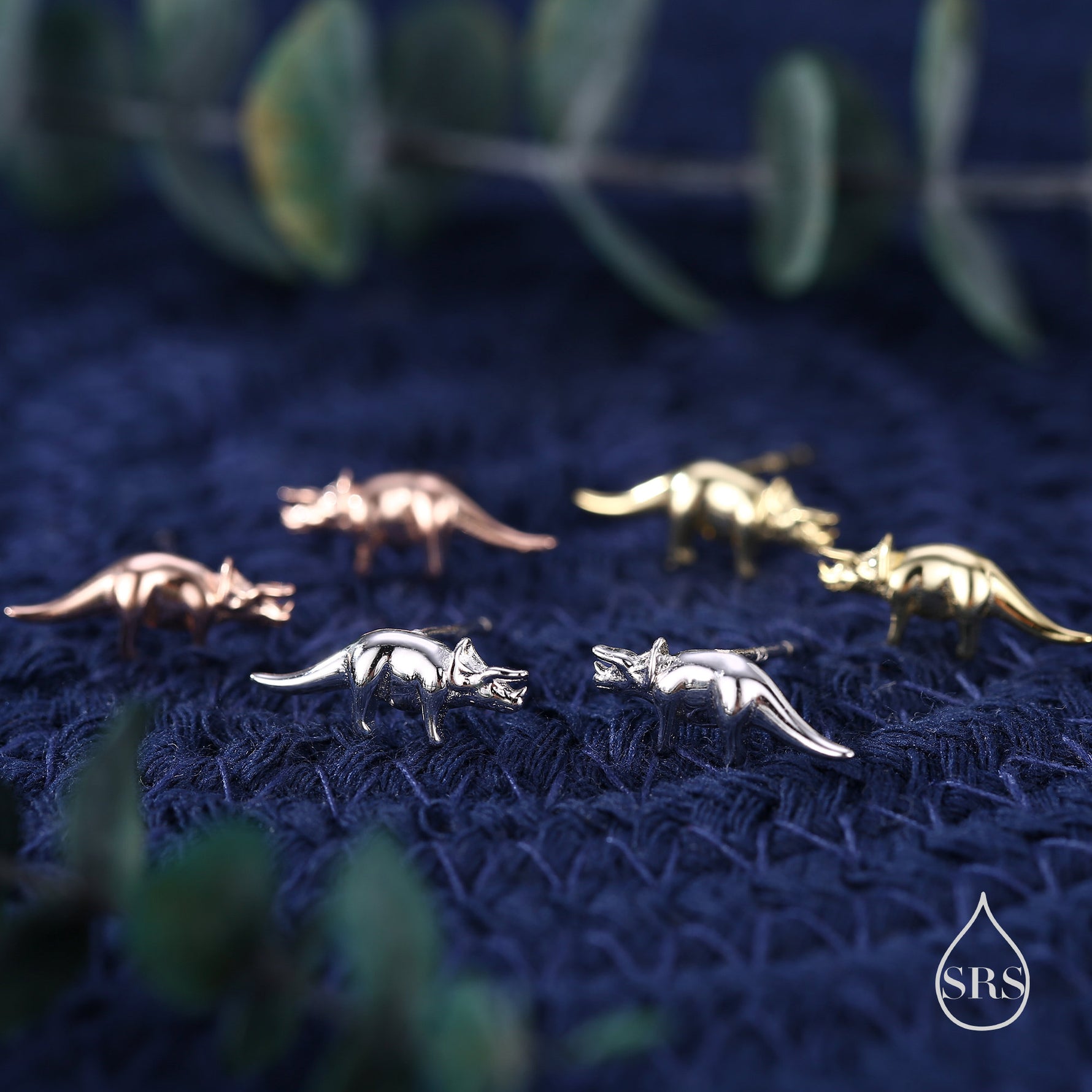 Triceratops Dinosaur Fossil Stud Earrings in Sterling Silver, Silver, Gold or Rose Gold, Quirky Dino Stud, Tiny Dino Stud