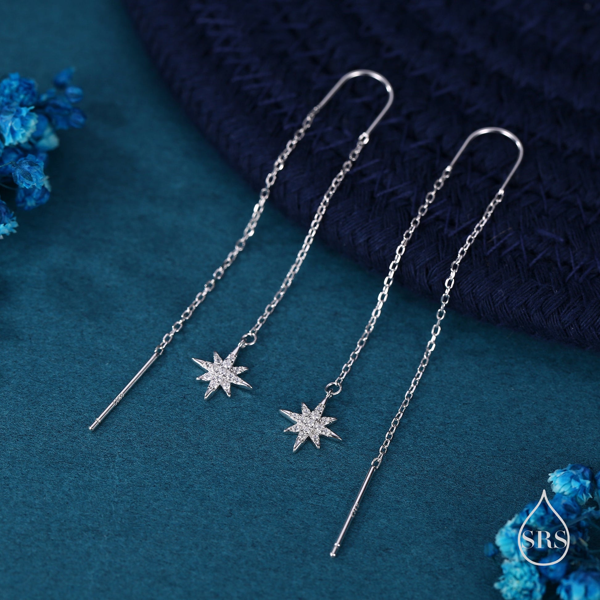 Starburst Threader Earrings in Sterling Silver, North Star U Shape Ear Threaders, Silver, Gold or Rose Gold, Star Threaders, Long Threaders