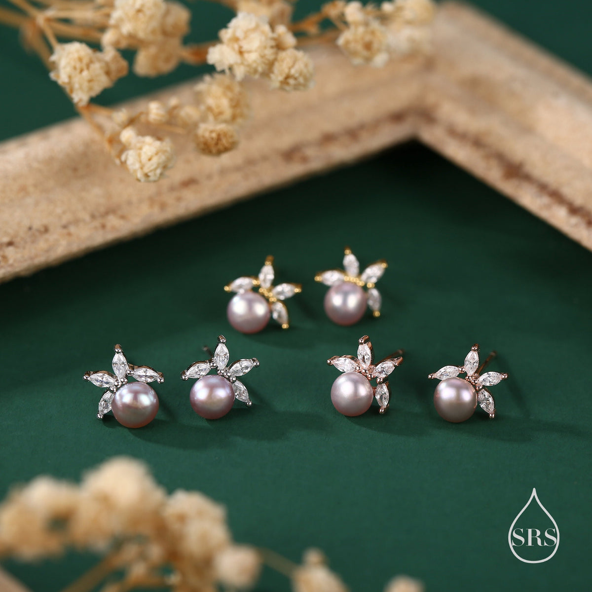 Genuine Freshwater Pearl with Marquise CZ Stud Earrings in Sterling Silver, Delicate Tiny Pearl and CZ Earrings, Genuine Pearls.