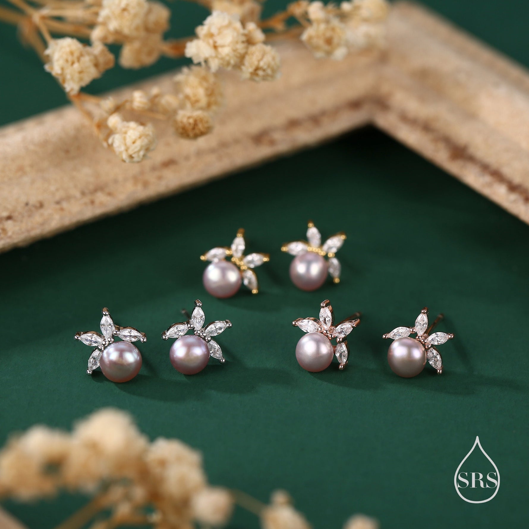 Genuine Freshwater Pearl with Marquise CZ Stud Earrings in Sterling Silver, Delicate Tiny Pearl and CZ Earrings, Genuine Pearls.