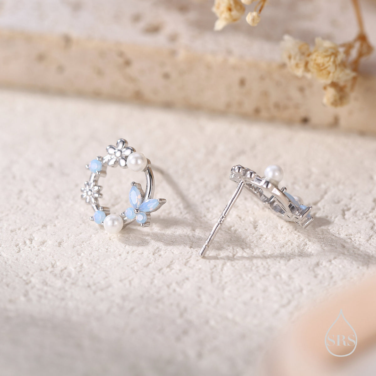 Sterling Silver Tiny Flower Wreath Stud Earrings - Opal Blue - Silver or Gold or Rose Gold, CZ Circle Flower and Butterfly Stud Earrings