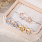 Sterling Silver Tiny Flower Wreath Stud Earrings - Opal Blue - Silver or Gold or Rose Gold, CZ Circle Flower and Butterfly Stud Earrings