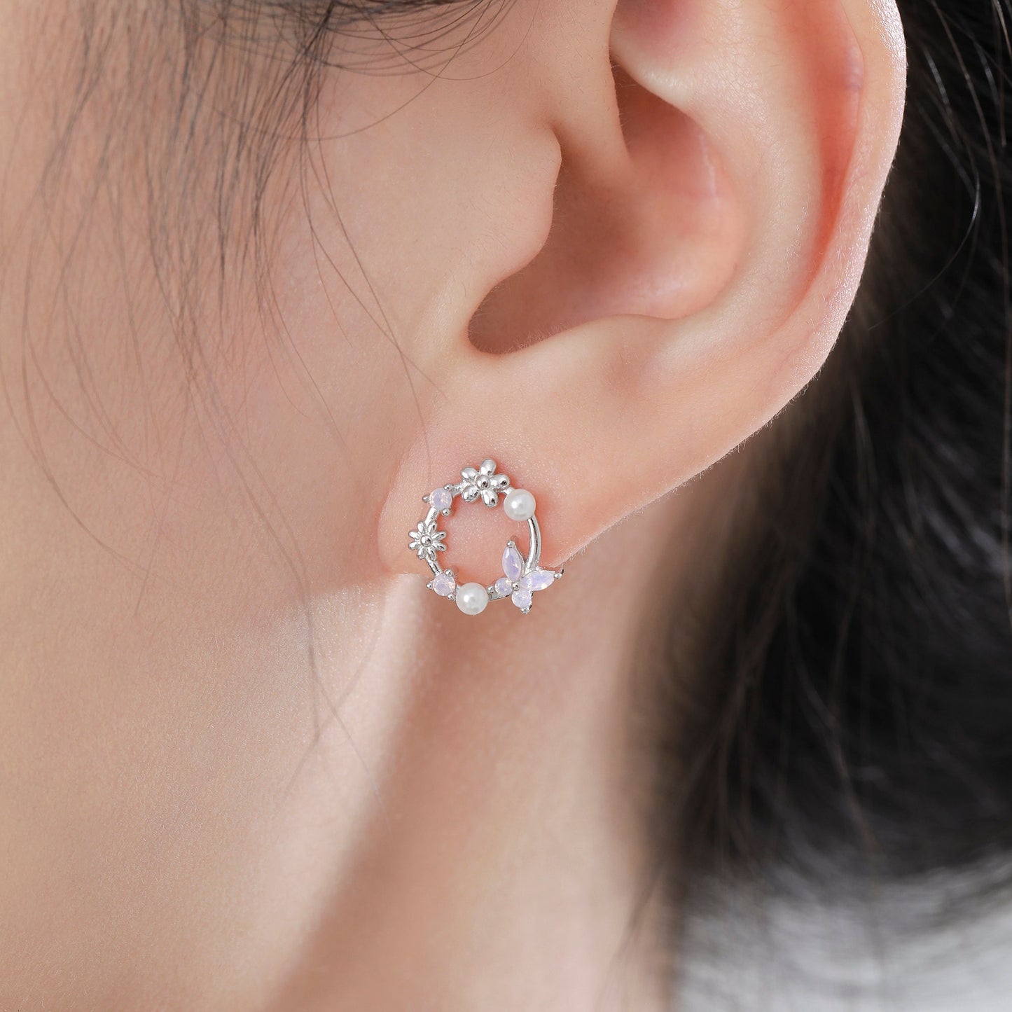 Sterling Silver Tiny Flower Wreath Stud Earrings - Opal Pink - Silver or Gold or Rose Gold, CZ Circle Flower and Butterfly Stud Earrings