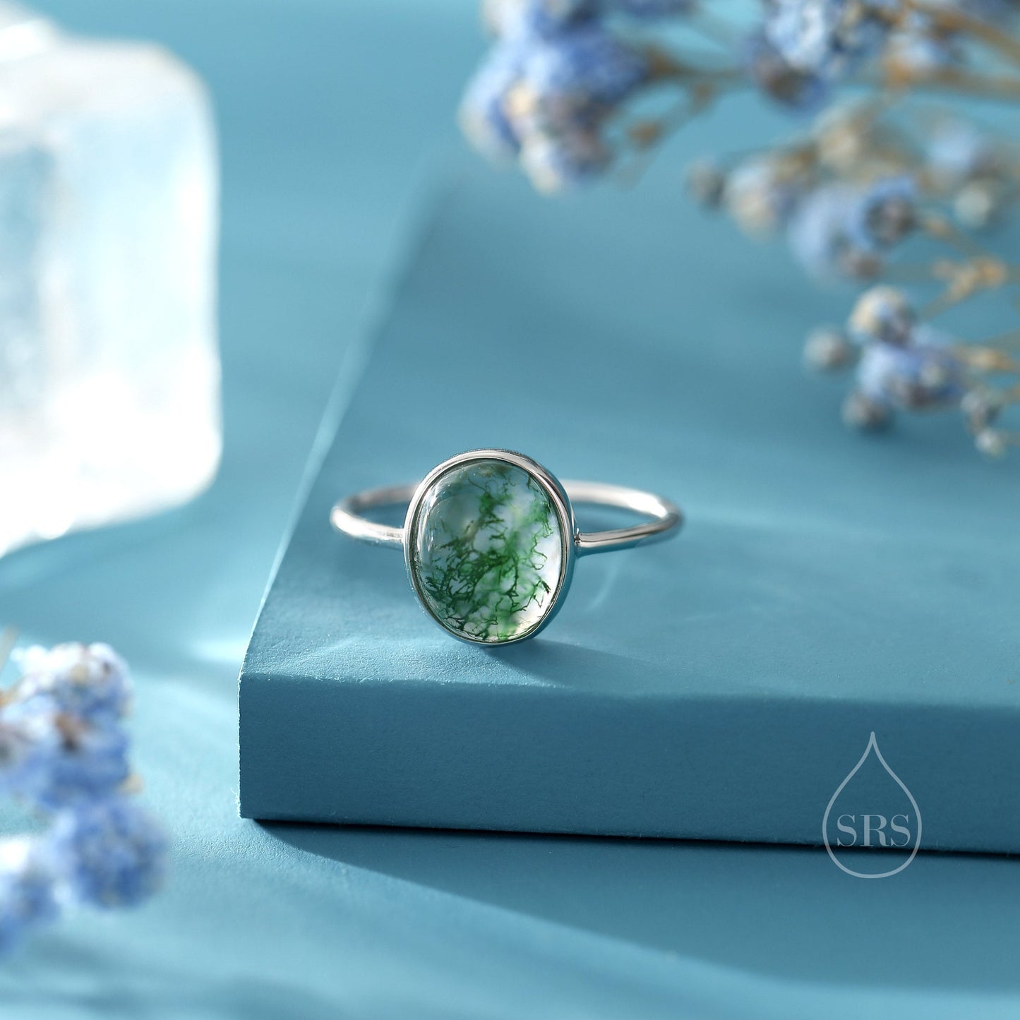 Large Oval Cabochon Moss Agate Classic Single Stone Engagement Ring in Sterling Silver, US Size 5 6 7 8, Oval Cut Shape Moss Agate Ring