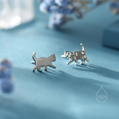 Schrodinger's Cat Asymmetric Stud Earrings in Sterling Silver, Mismatched Black Cat Stud Earrings, Black Rhodium Coated Cat Earrings