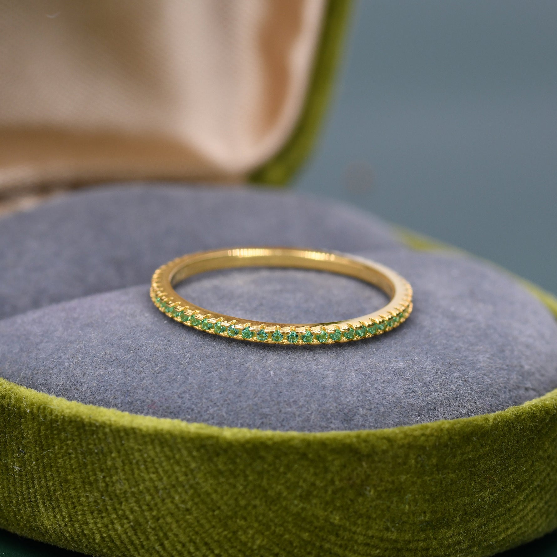 Extra Skinny Emerald Green CZ Pave Ring in Sterling Silver, Eternity Ring, US 5 - 8