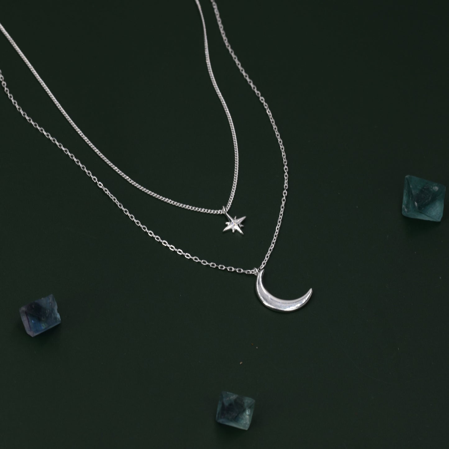 Two Layer Crescent Moon and Star Pendant Necklace in Sterling Silver - Double Layer New Moon and Starburst Necklace