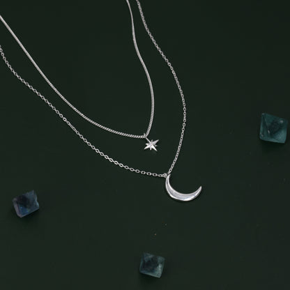 Two Layer Crescent Moon and Star Pendant Necklace in Sterling Silver - Double Layer New Moon and Starburst Necklace