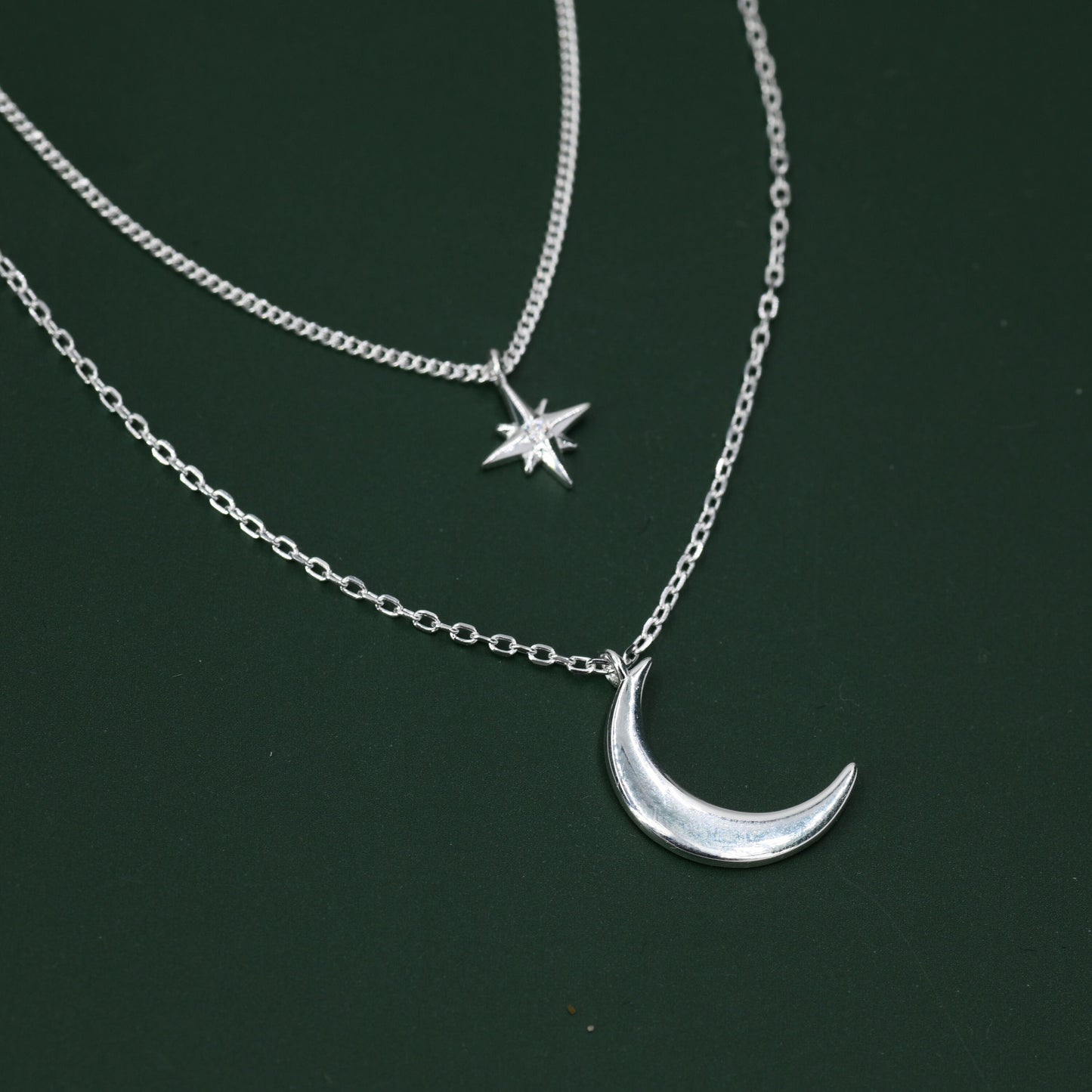 Two Layer Crescent Moon and Star Pendant Necklace in Sterling Silver - Double Layer New Moon and Starburst Necklace