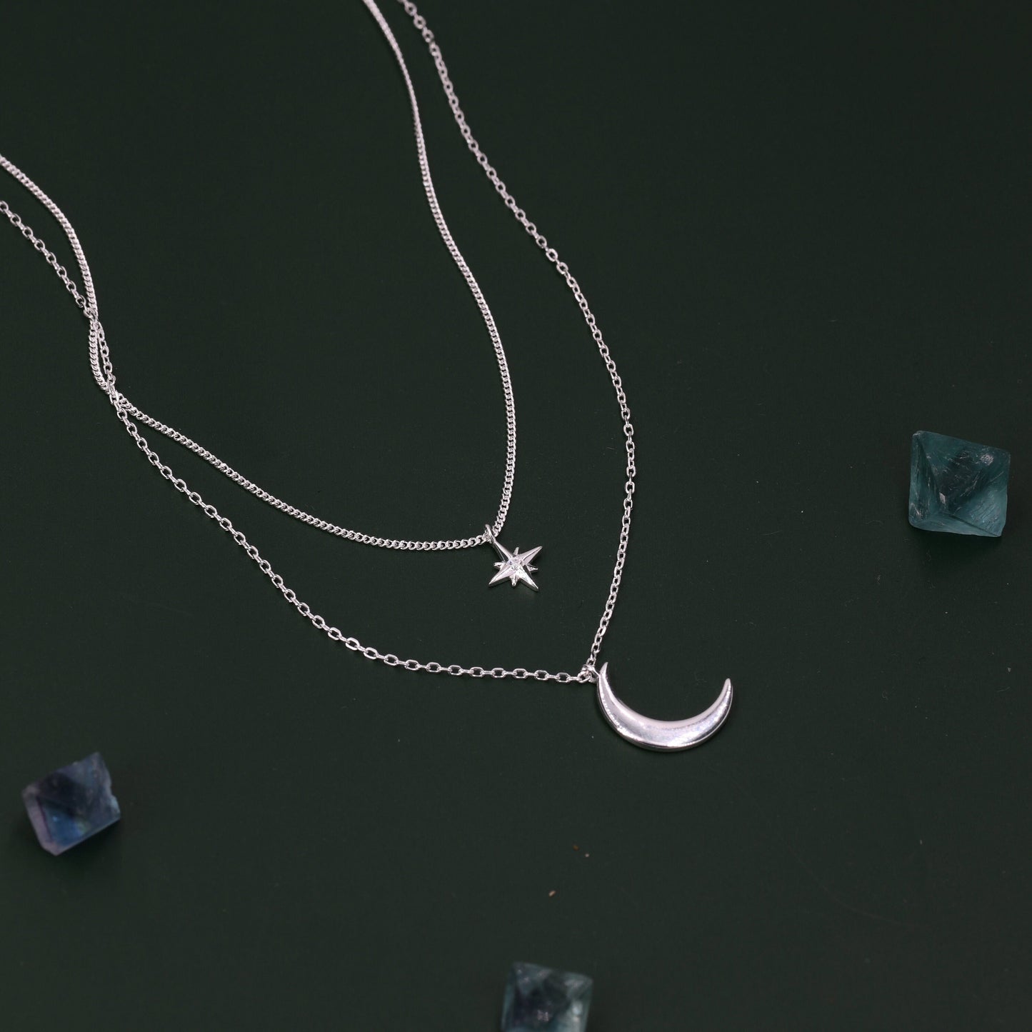 Two Layer Crescent Moon and Star Pendant Necklace in Sterling Silver - Double Layer New Moon and Starburst Necklace