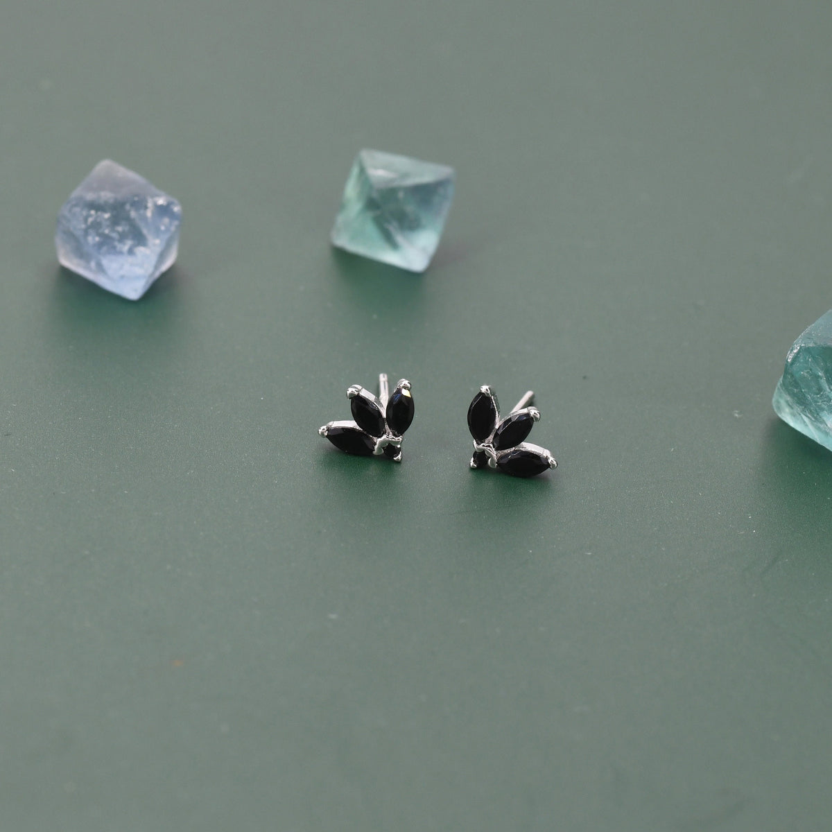 Tiny Black CZ Marquise Cluster Stud Earrings in Sterling Silver, Marquise Fan Stud, CZ Crown Stud, Three Marquise Stud
