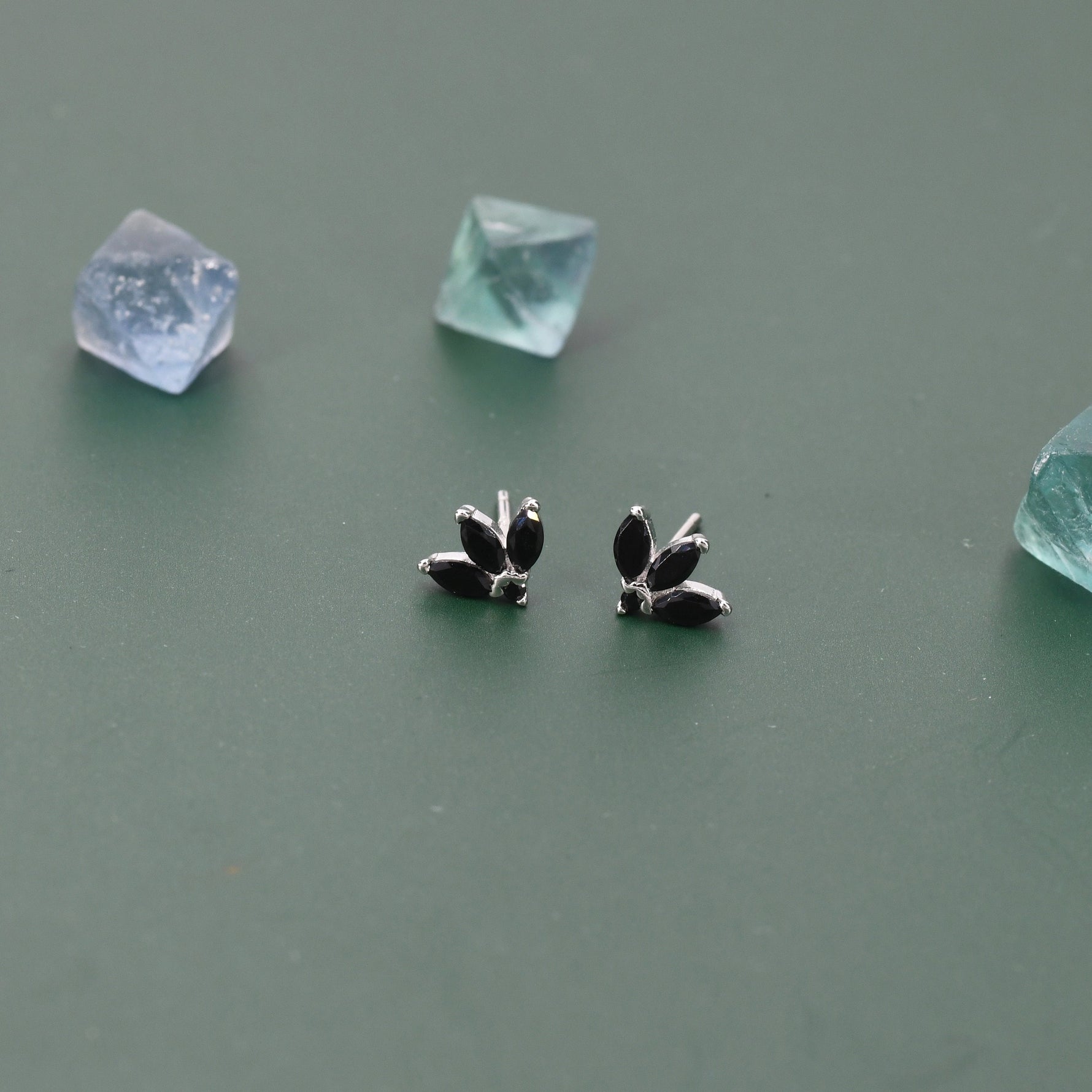 Tiny Black CZ Marquise Cluster Stud Earrings in Sterling Silver, Marquise Fan Stud, CZ Crown Stud, Three Marquise Stud