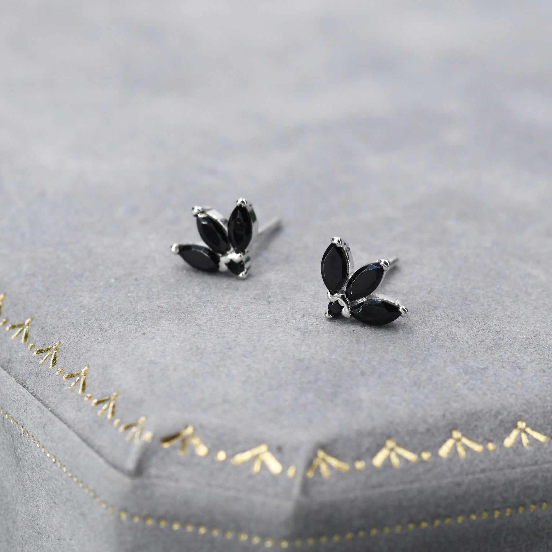 Tiny Black CZ Marquise Cluster Stud Earrings in Sterling Silver, Marquise Fan Stud, CZ Crown Stud, Three Marquise Stud
