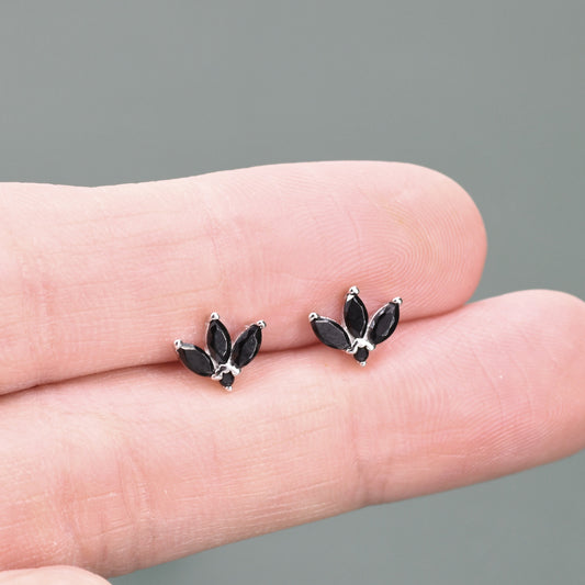 Tiny Black CZ Marquise Cluster Stud Earrings in Sterling Silver,  Marquise Fan Stud, CZ Crown Stud, Three Marquise Stud