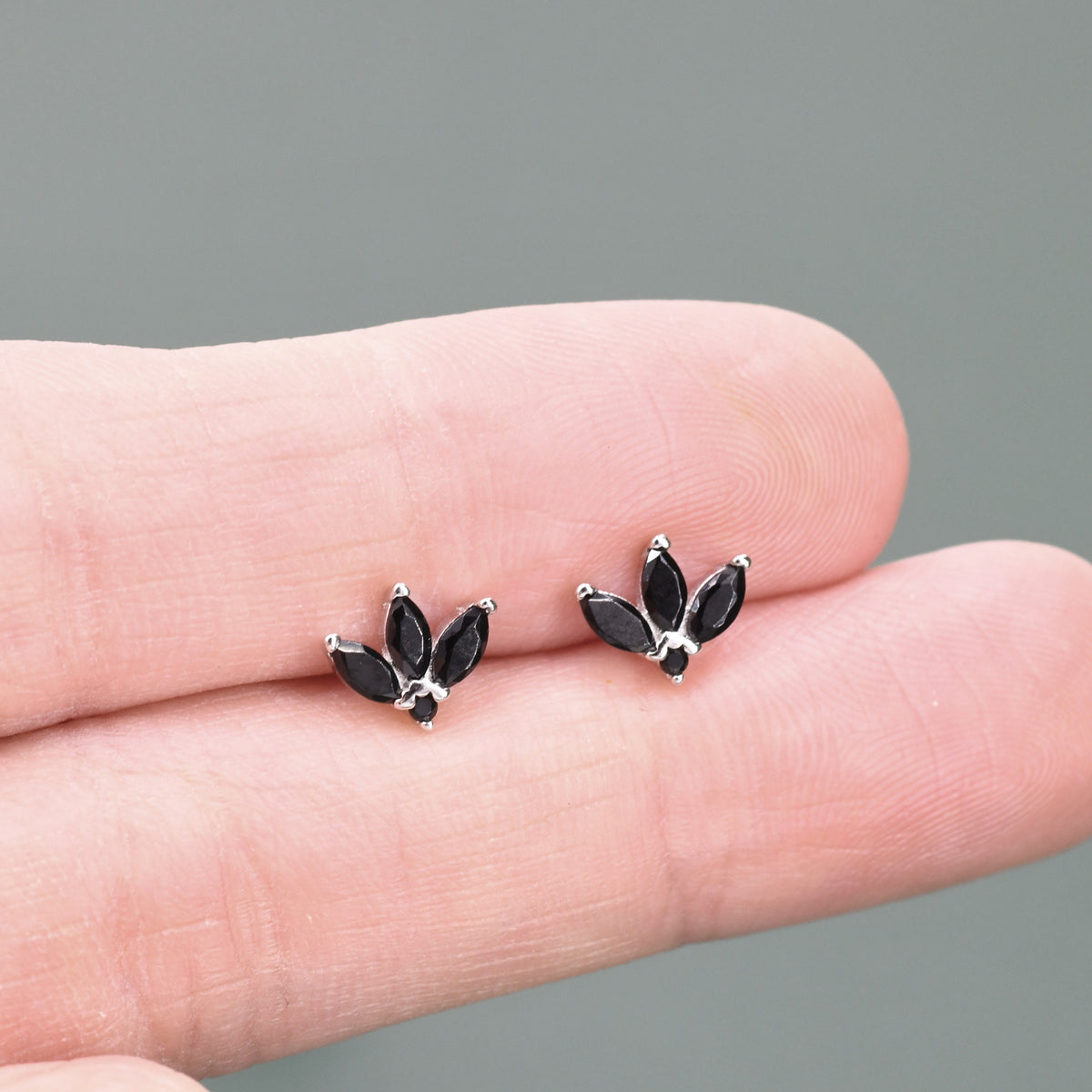 Tiny Black CZ Marquise Cluster Stud Earrings in Sterling Silver, Marquise Fan Stud, CZ Crown Stud, Three Marquise Stud