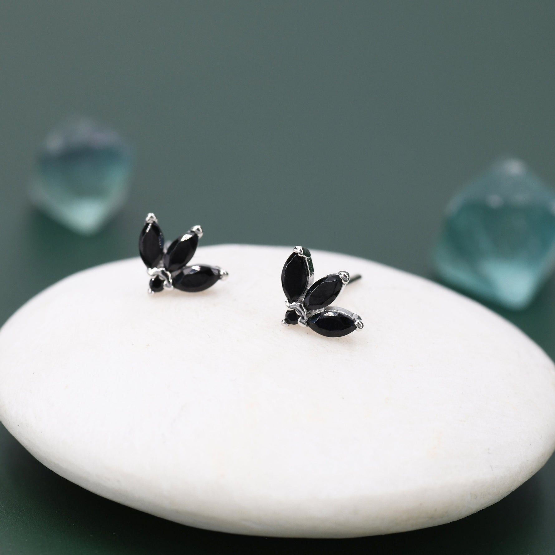Tiny Black CZ Marquise Cluster Stud Earrings in Sterling Silver, Marquise Fan Stud, CZ Crown Stud, Three Marquise Stud
