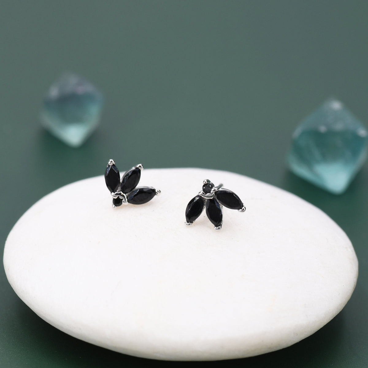 Tiny Black CZ Marquise Cluster Stud Earrings in Sterling Silver, Marquise Fan Stud, CZ Crown Stud, Three Marquise Stud