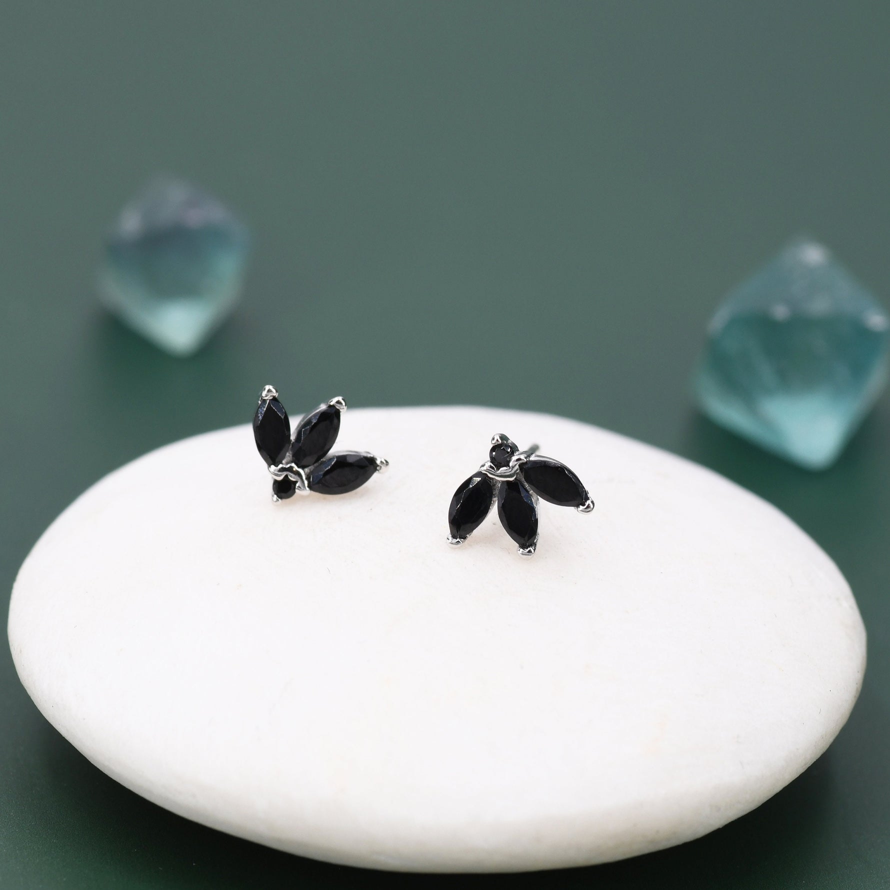 Tiny Black CZ Marquise Cluster Stud Earrings in Sterling Silver, Marquise Fan Stud, CZ Crown Stud, Three Marquise Stud