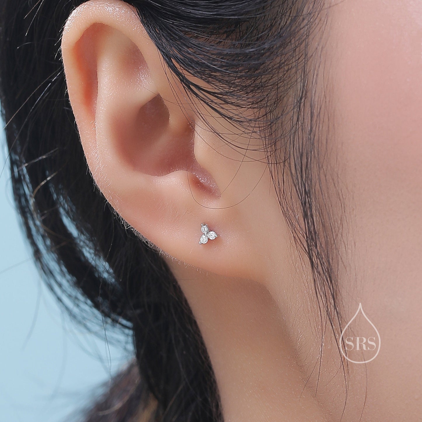 Very Tiny Three Dot Trio Stud Earrings in Sterling Silver with Sparkly CZ Crystals, Silver, Gold, Rose Gold