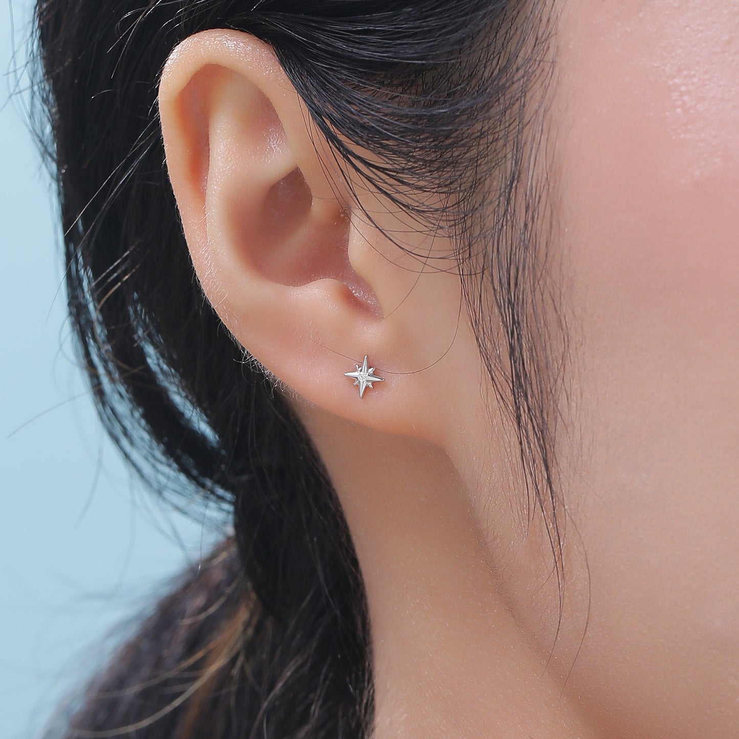 Mismatched Moon and Starburst Internally Threaded Flat Back/Screw back/Stud Earrings in Sterling Silver, Asymmetric Star and Moon Earrings