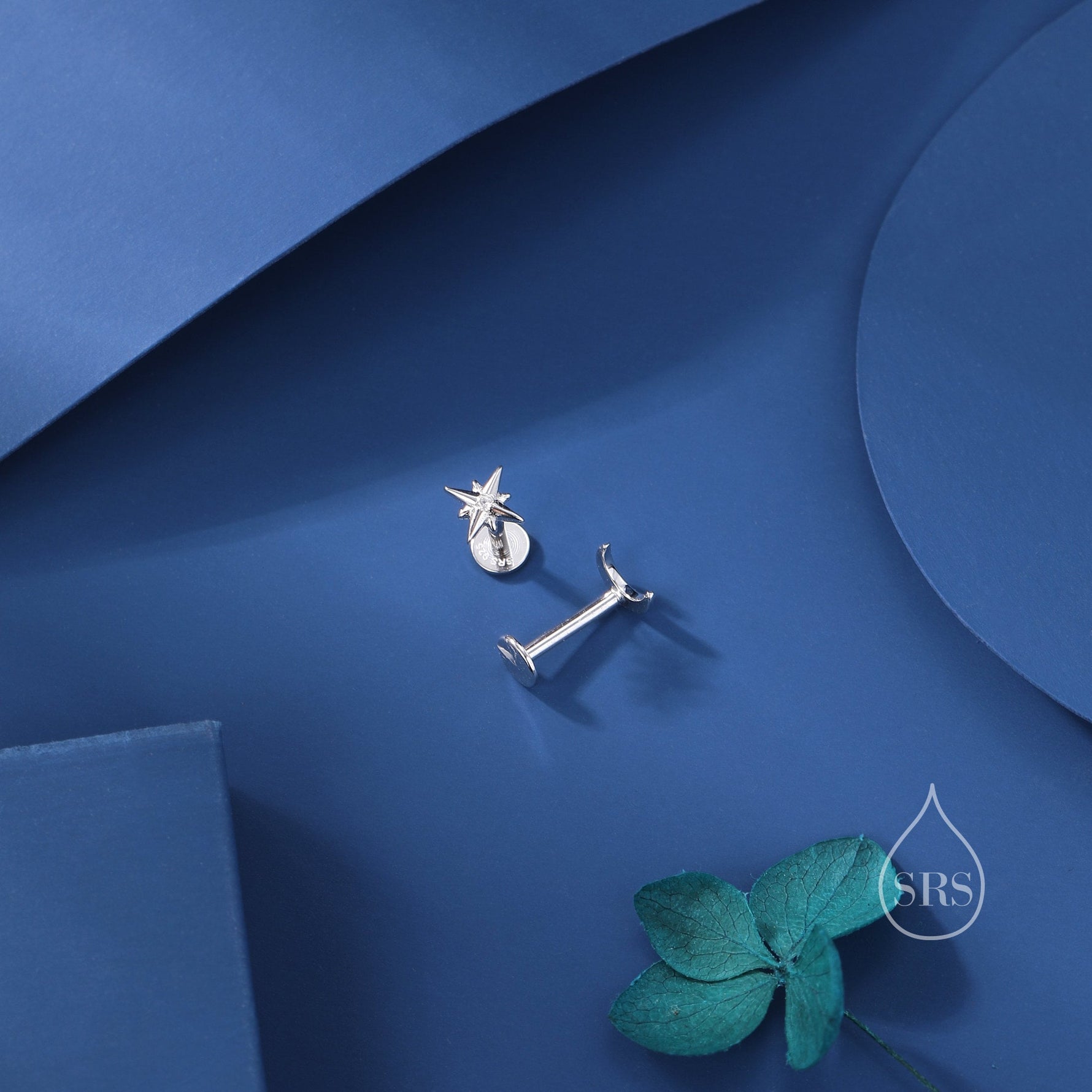 Sterling Silver Crescent Moon and Star CZ 16G Flat Back Labret Earrings